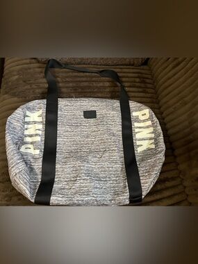 PINK Victoria's Secret Gray Marled Duffel with Black Straps and White Logo